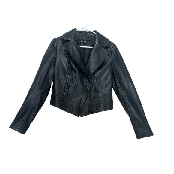 Sao Paulo Lamb Leather Moto Jacket Womens Small Black Biker Crop Asymmetrical - Picture 1 of 16